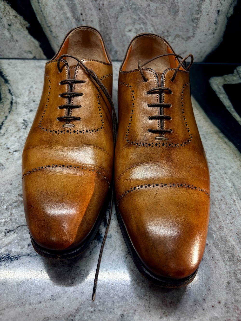Santoni Fatte a Mano Handmade Cap Toe Oxford Dress Shoes Brown Patina Italy UK 9